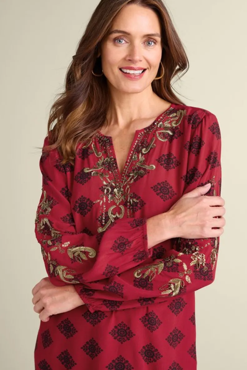 Blusa de diseño con bordados Eboni - Estampado ditsy foulard exclusivo de Soft Surroundings