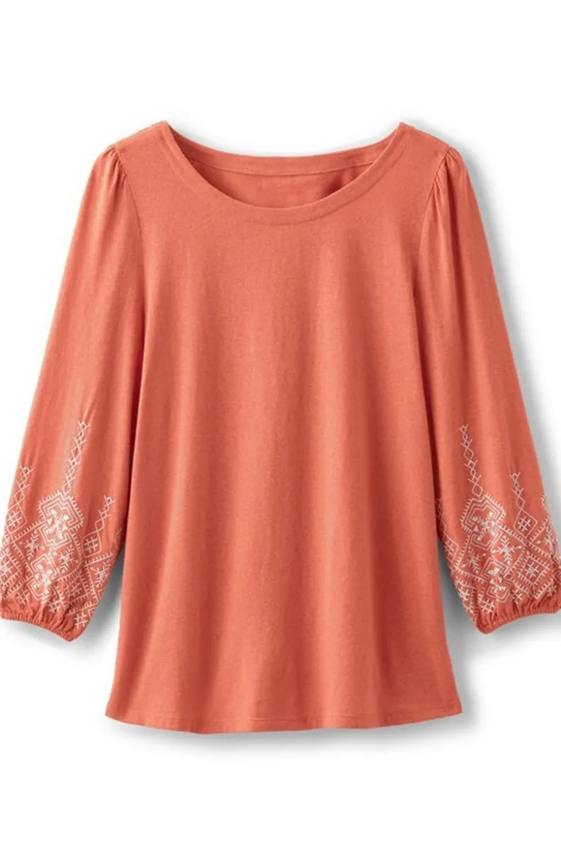 Blusa Soft Surroundings - Bordados Poéticos Parisinos en Tono Albaricoque Brandy con Ajuste Suave
