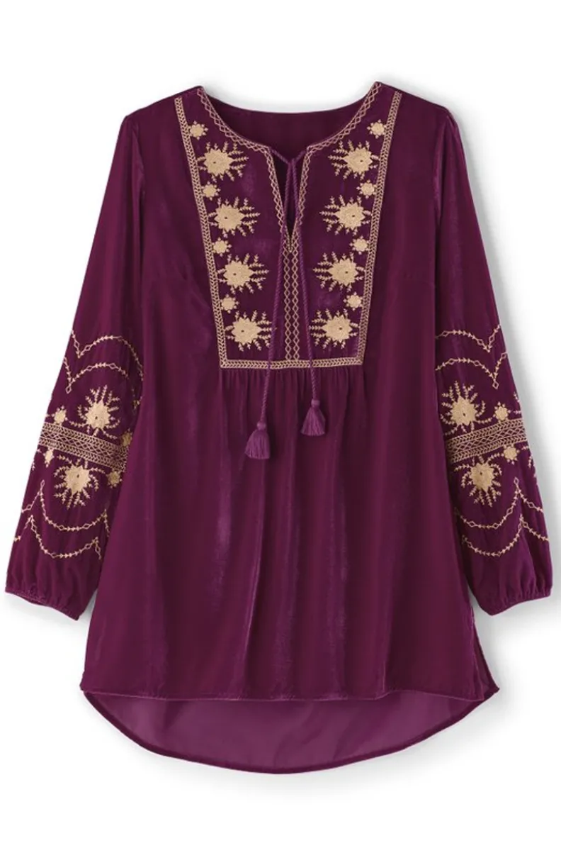 Túnica Evelyne en terciopelo bordado artesanal - Color magenta purpúreo exclusivo | Soft Surroundings