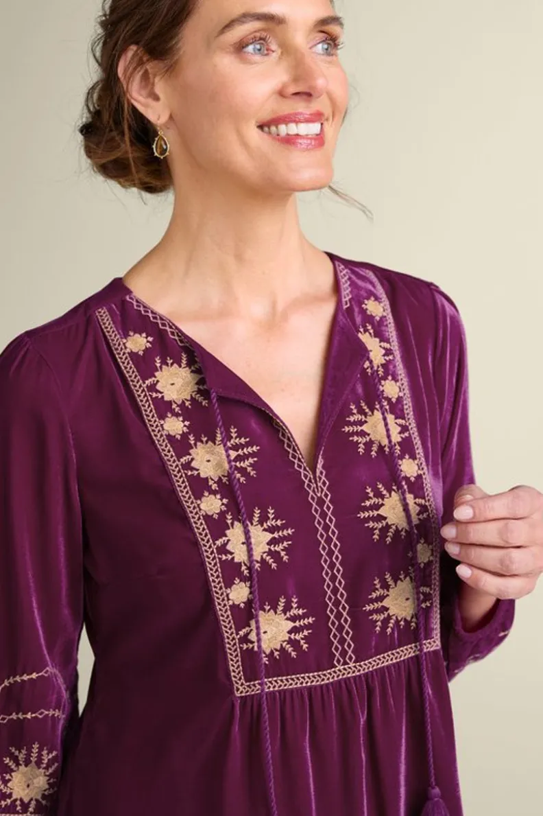 Túnica Evelyne en terciopelo bordado artesanal - Color magenta purpúreo exclusivo | Soft Surroundings