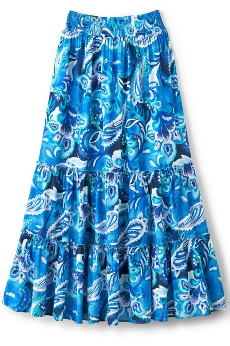 Falda Larga Feyre de Soft Surroundings - Estilo Boho con Estampado Paisley Azul y Diseño Tropical