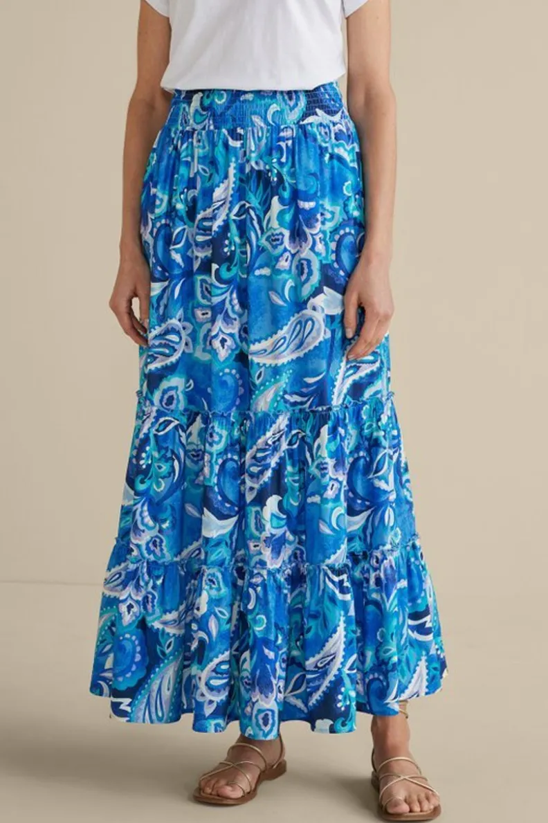 Falda Larga Feyre de Soft Surroundings - Estilo Boho con Estampado Paisley Azul y Diseño Tropical