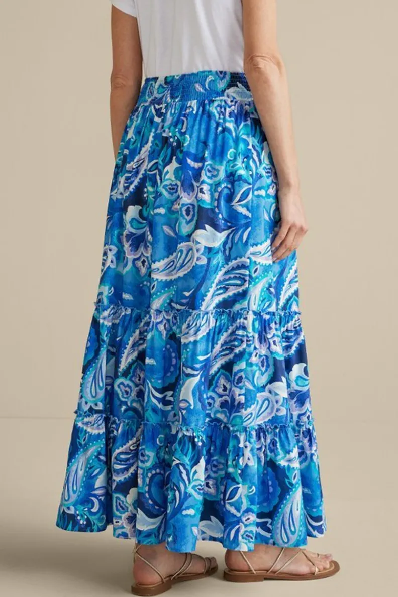 Falda Larga Feyre de Soft Surroundings - Estilo Boho con Estampado Paisley Azul y Diseño Tropical