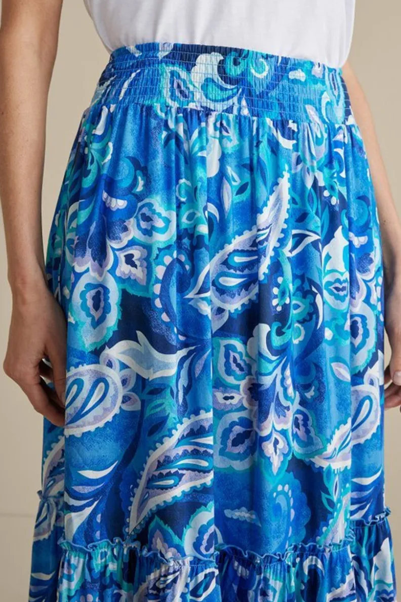 Falda Larga Feyre de Soft Surroundings - Estilo Boho con Estampado Paisley Azul y Diseño Tropical