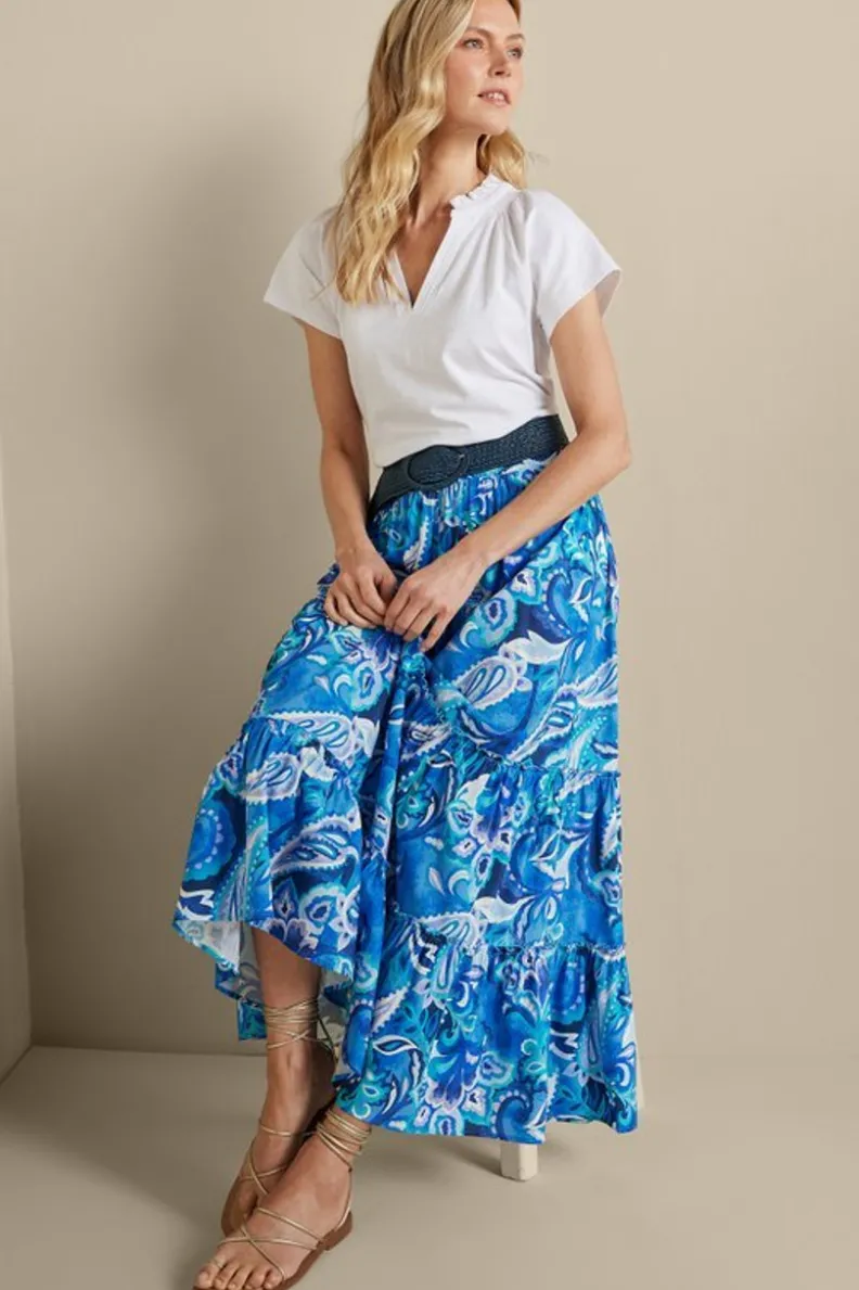 Falda Larga Feyre de Soft Surroundings - Estilo Boho con Estampado Paisley Azul y Diseño Tropical