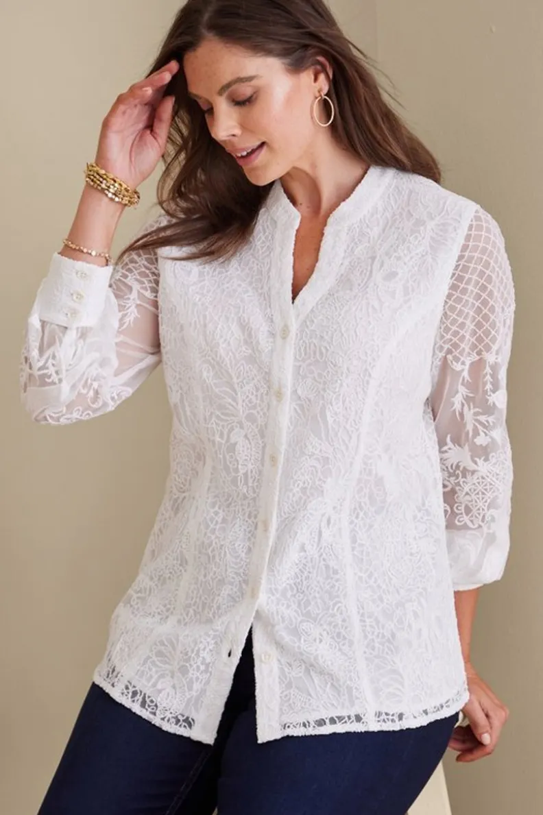 Blusa Soft Surroundings - Estampado Floral en Tono Marfil Perlado con Confección Suave