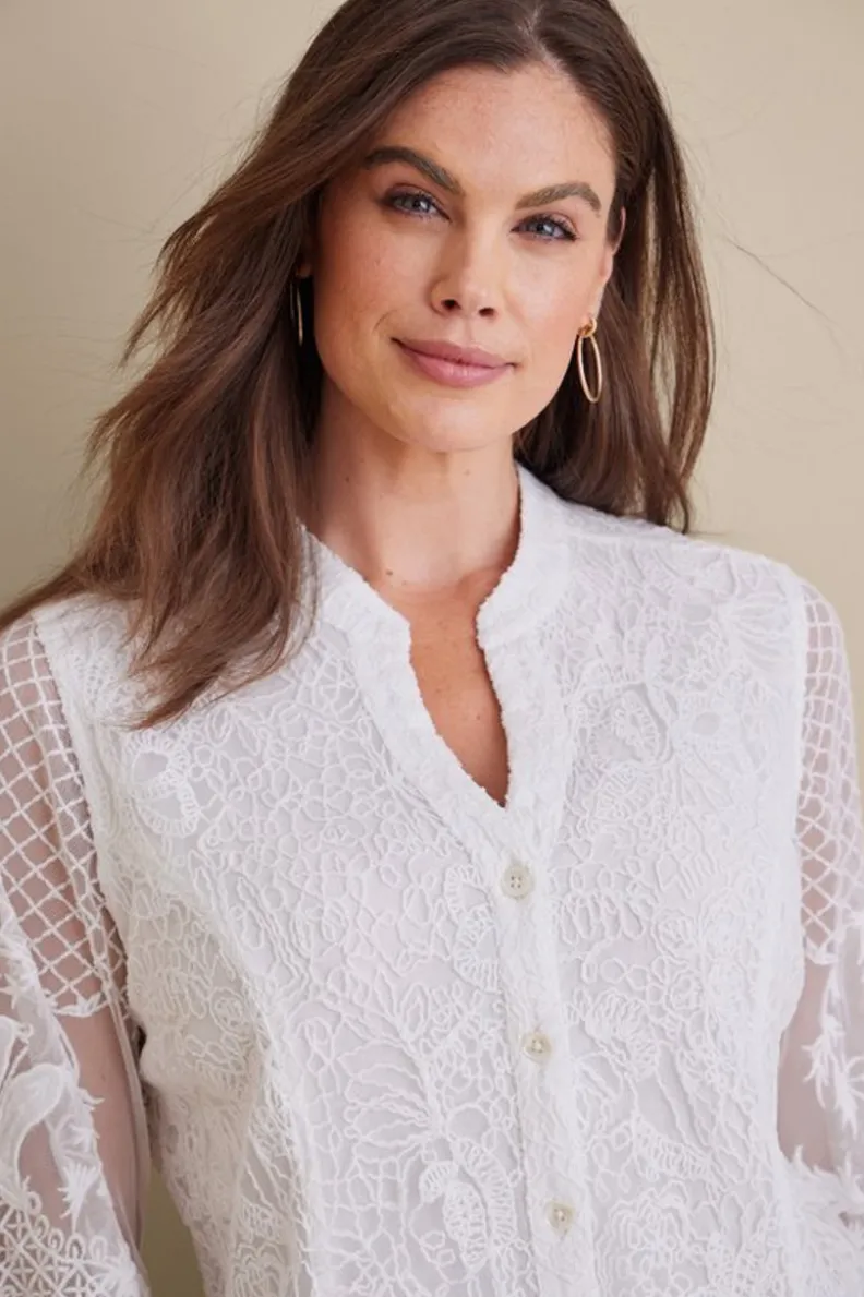 Blusa Soft Surroundings - Estampado Floral en Tono Marfil Perlado con Confección Suave
