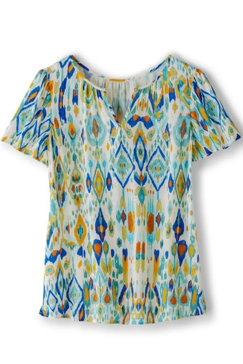 Blusa Francesca de Soft Surroundings - Estampado Ikat Bohemio con Detalles Bordados para Ocasiones Especiales