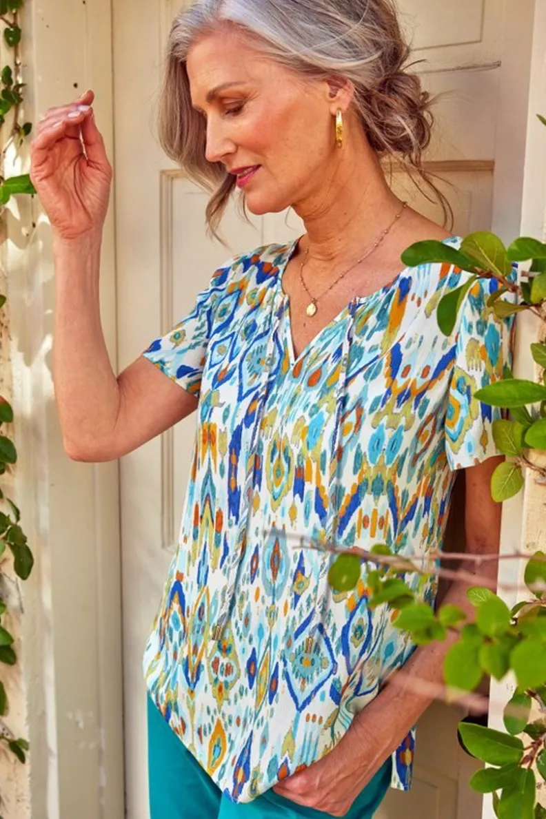 Blusa Francesca de Soft Surroundings - Estampado Ikat Bohemio con Detalles Bordados para Ocasiones Especiales