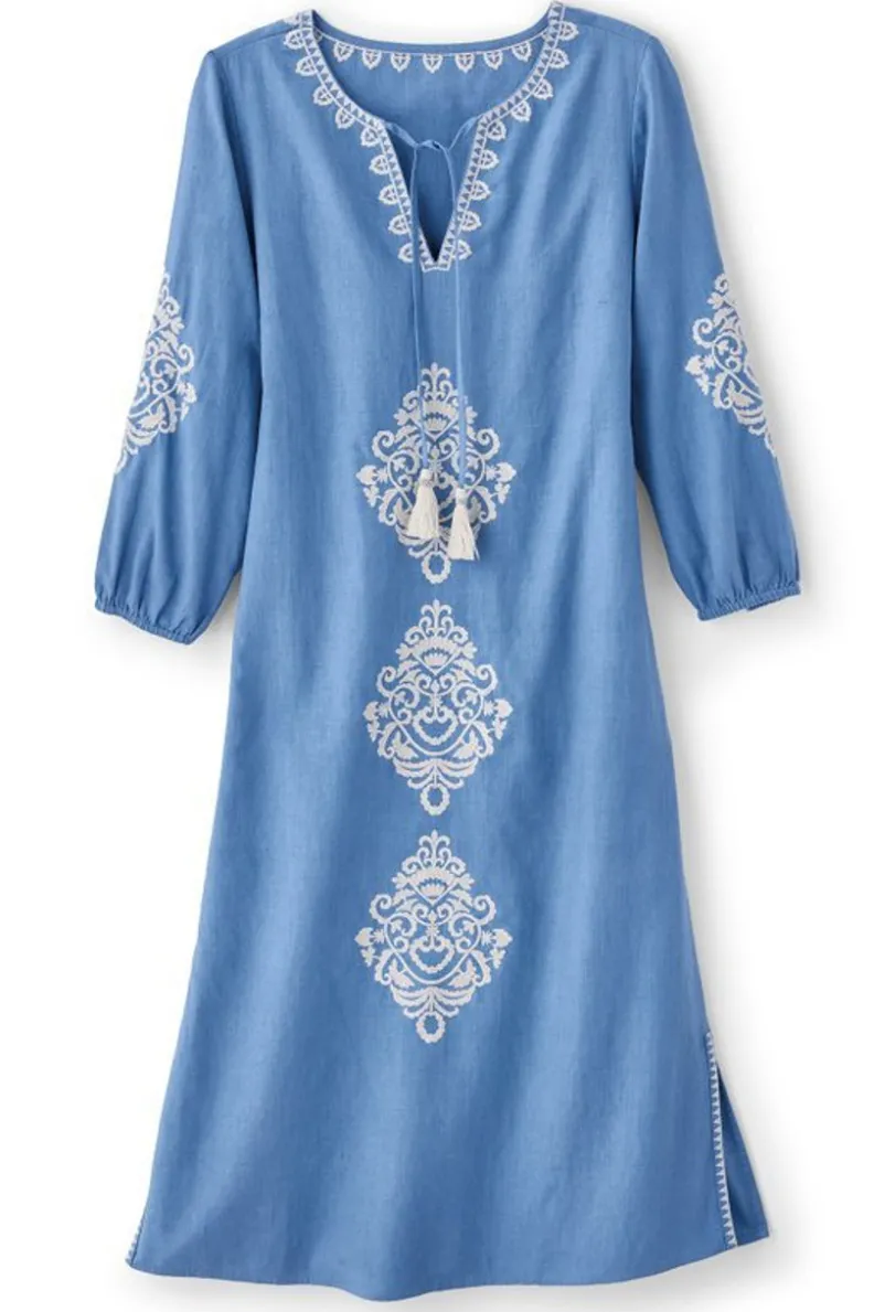 Vestido midi de mezcla de lino Hasana - Azul Río con diseño sofisticado y confortable para ocasiones cotidianas