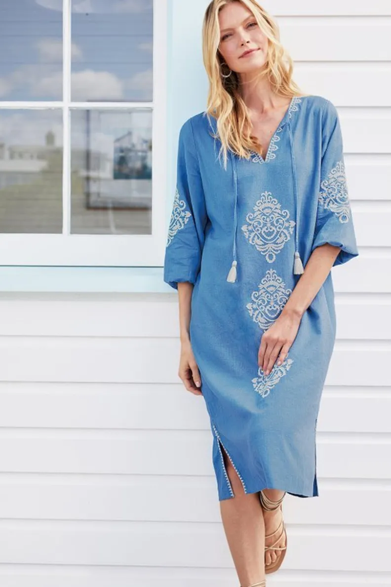 Vestido midi de mezcla de lino Hasana - Azul Río con diseño sofisticado y confortable para ocasiones cotidianas