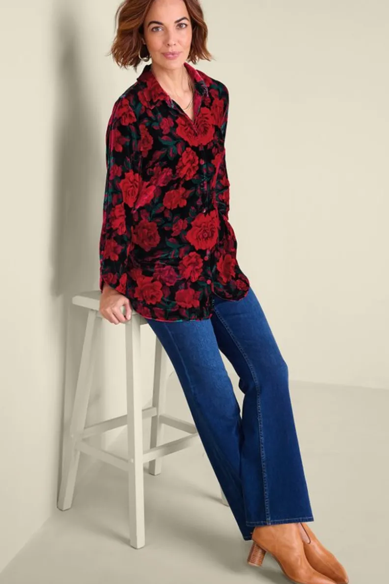 Blusa bohemia en seda suave con toques de terciopelo - Estilo poético y cómodo de Tops-Soft Surroundings