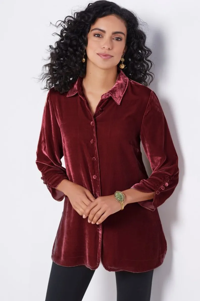 Blusa bohemia en seda suave con toques de terciopelo - Estilo poético y cómodo de Tops-Soft Surroundings