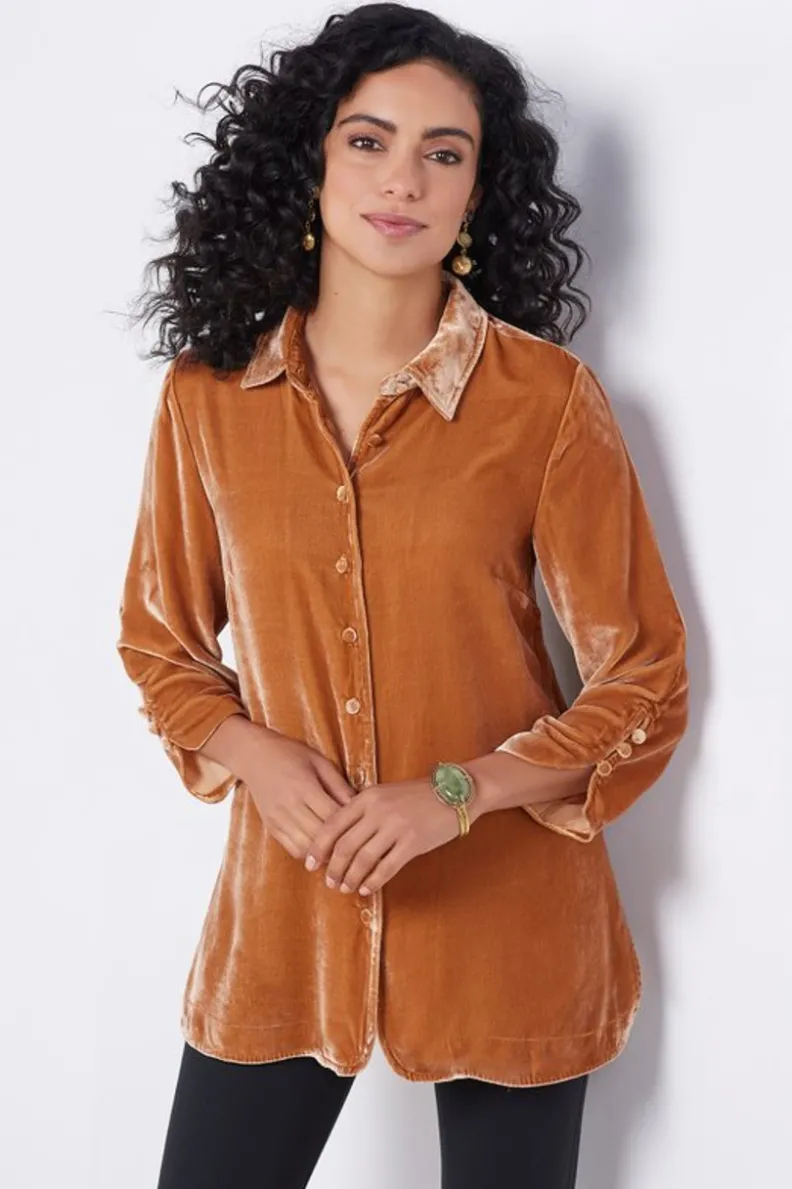 Blusa bohemia en seda suave con toques de terciopelo - Estilo poético y cómodo de Tops-Soft Surroundings