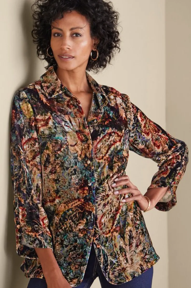 Blusa bohemia en seda suave con toques de terciopelo - Estilo poético y cómodo de Tops-Soft Surroundings