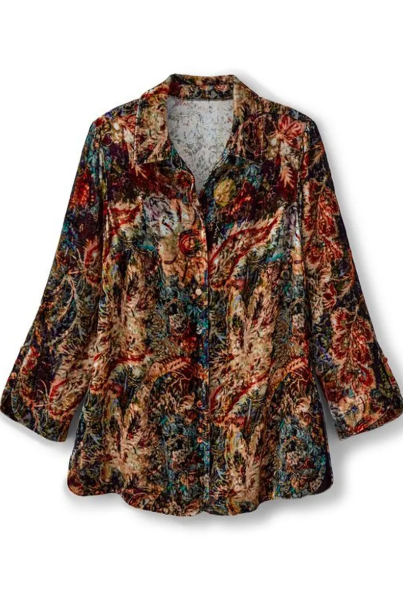 Blusa bohemia en seda suave con toques de terciopelo - Estilo poético y cómodo de Tops-Soft Surroundings
