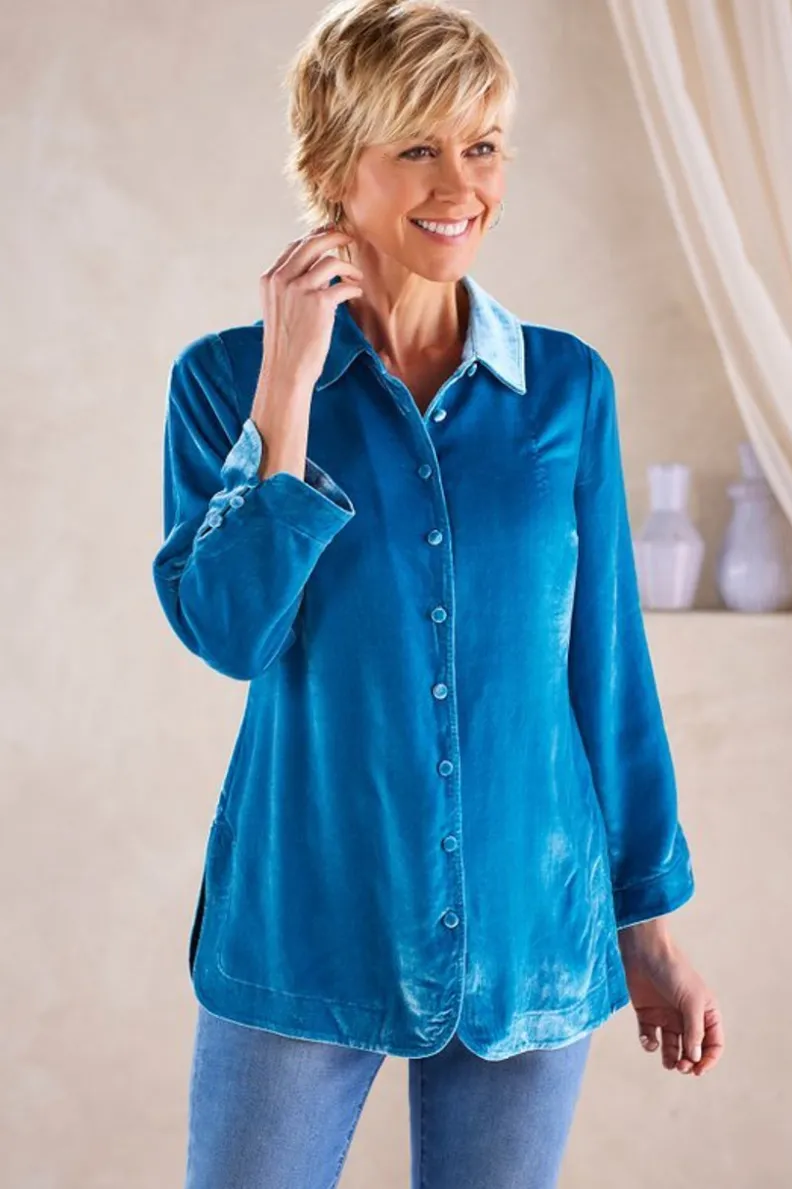 Blusa bohemia en seda suave con toques de terciopelo - Estilo poético y cómodo de Tops-Soft Surroundings
