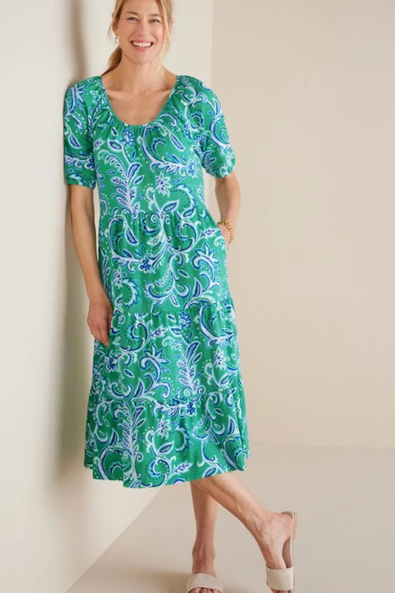 Vestido Midilargo Ilana - Estampado Botánico de Hojas Verdes y Ikat | Colección Primavera-Verano Entornos Suaves