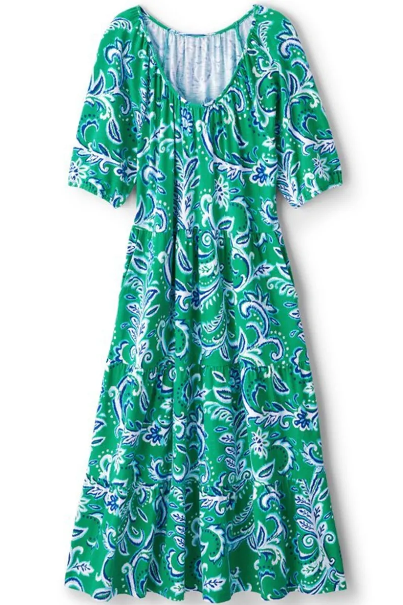 Vestido Midilargo Ilana - Estampado Botánico de Hojas Verdes y Ikat | Colección Primavera-Verano Entornos Suaves