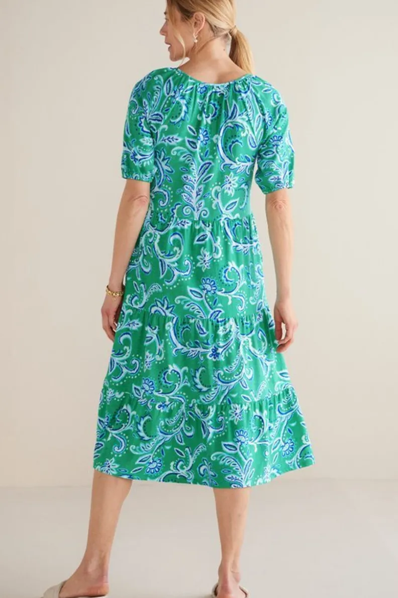 Vestido Midilargo Ilana - Estampado Botánico de Hojas Verdes y Ikat | Colección Primavera-Verano Entornos Suaves