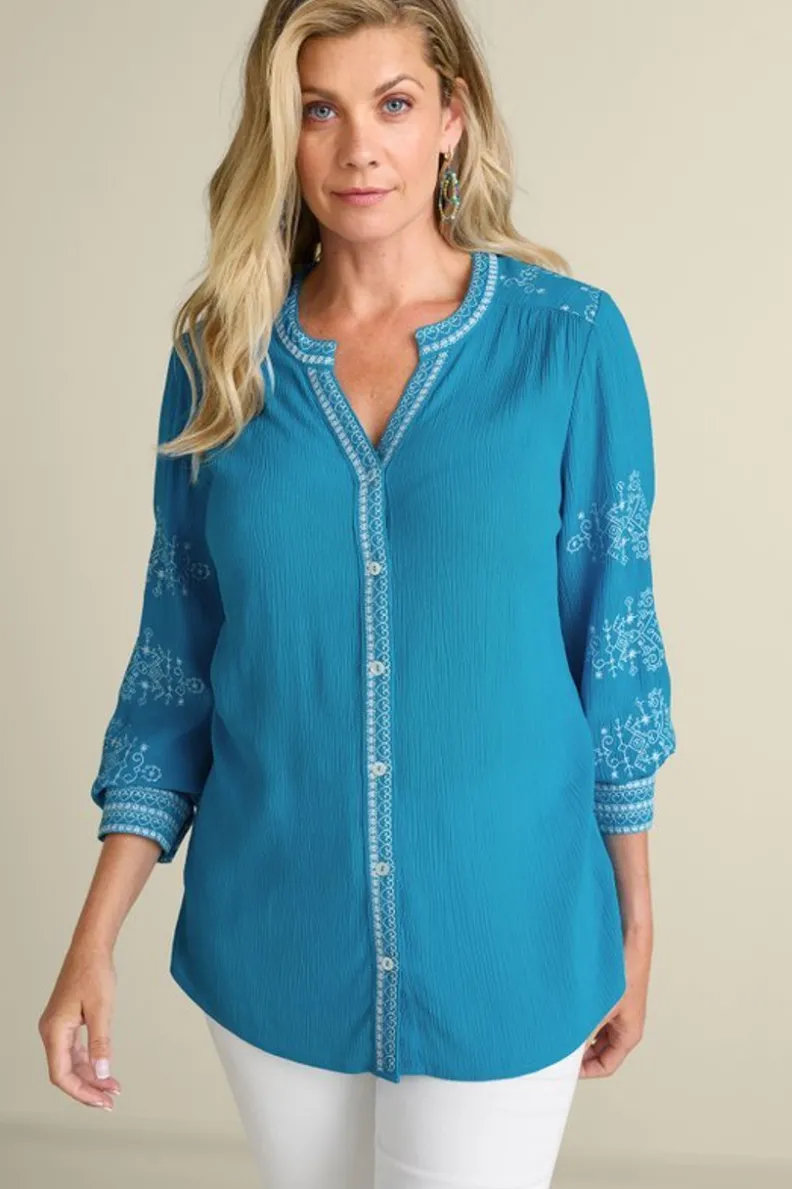 Blusa Breeze Imane en Gasas Livianas - Conjunto Casual con Leggings en Azul Danubio - Soft Surroundings