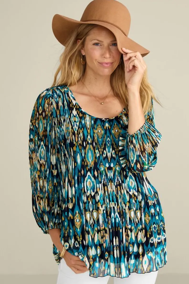 Túnica Elegante Imrie con Mangas 3/4 - Estampado Artesanal Ikat en Azul Índigo - Conjunto Coordinado con Leggings de Soft Surroundings