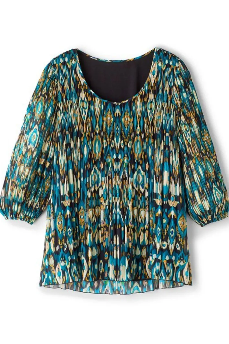 Túnica Elegante Imrie con Mangas 3/4 - Estampado Artesanal Ikat en Azul Índigo - Conjunto Coordinado con Leggings de Soft Surroundings