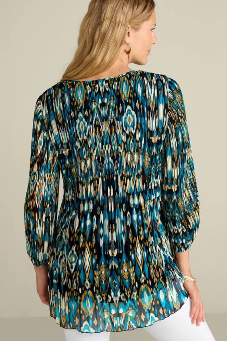 Túnica Elegante Imrie con Mangas 3/4 - Estampado Artesanal Ikat en Azul Índigo - Conjunto Coordinado con Leggings de Soft Surroundings