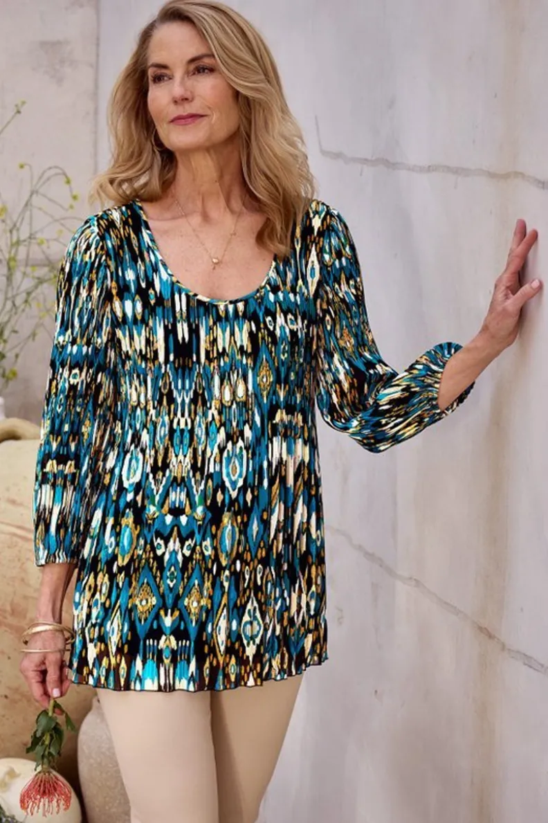 Túnica Elegante Imrie con Mangas 3/4 - Estampado Artesanal Ikat en Azul Índigo - Conjunto Coordinado con Leggings de Soft Surroundings