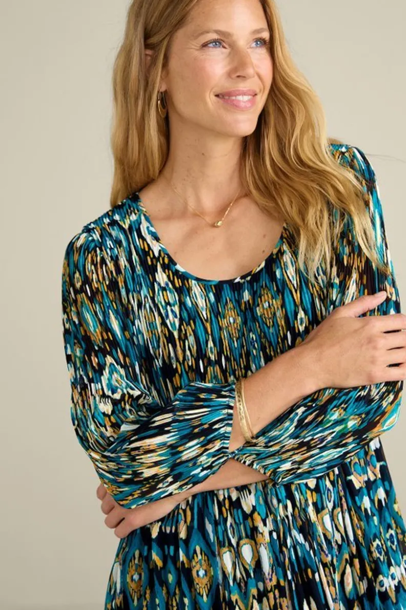 Túnica Elegante Imrie con Mangas 3/4 - Estampado Artesanal Ikat en Azul Índigo - Conjunto Coordinado con Leggings de Soft Surroundings