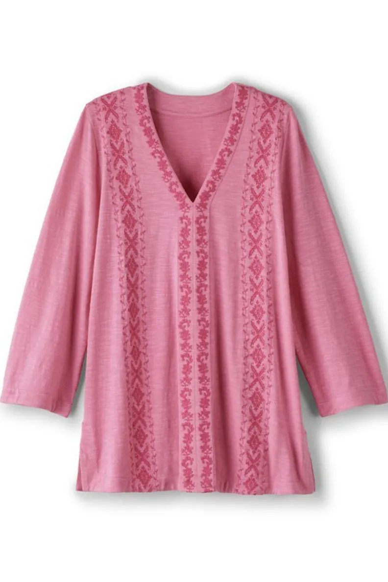 Túnicas Elegantes | Conjuntos Boho con Leggings - Blusa Bordada Ingrid en Tono Rosa Azalea, Diseño Cómodo y Fresco de Soft Surroundings
