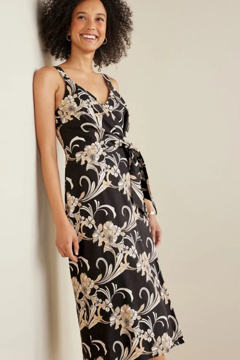 Vestido midi Isla en lino suave con elasticidad - Estampado botánico dorado de Soft Surroundings
