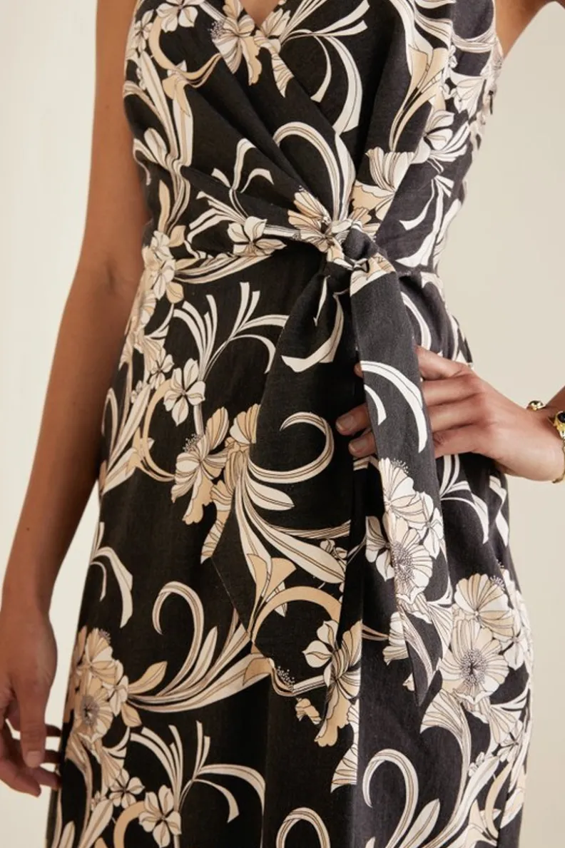 Vestido midi Isla en lino suave con elasticidad - Estampado botánico dorado de Soft Surroundings