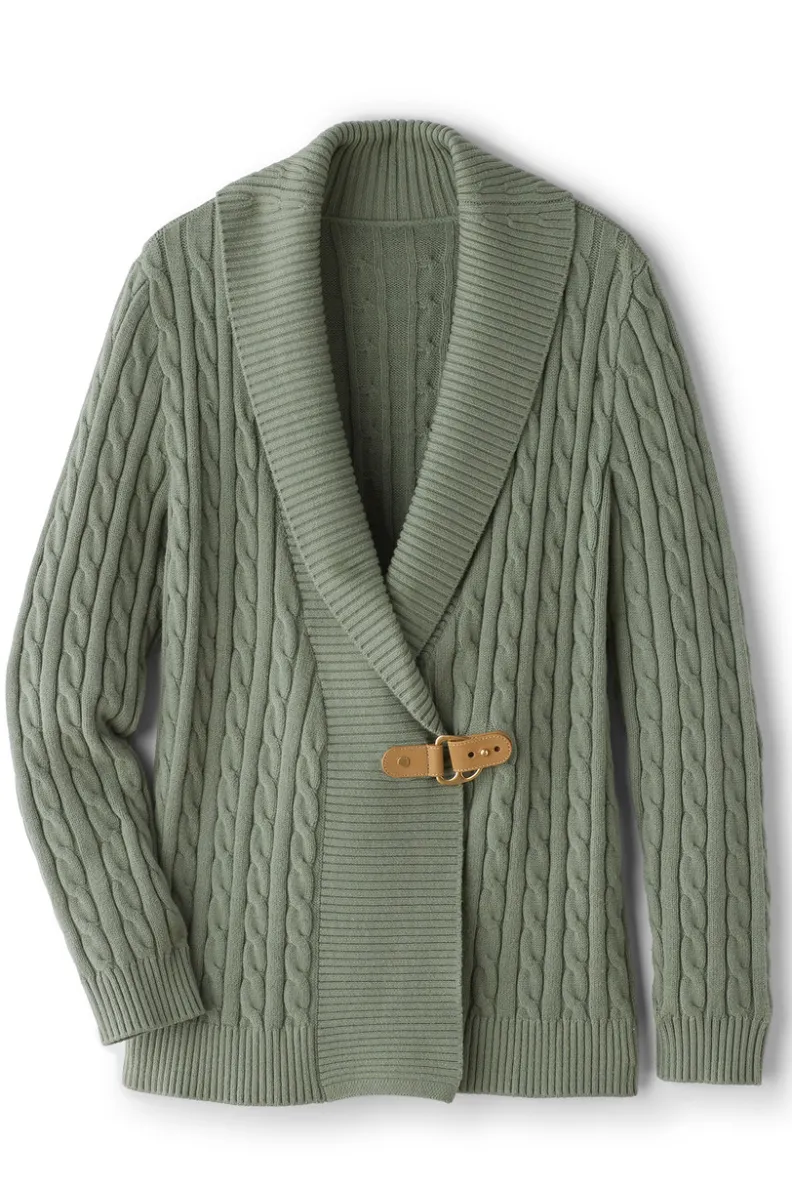 Cárdigán acogedor Ivey de punto cable - Verde agave con detalles artesanales · Abrigo ligero para temporada otoño-invierno · Colección exclusiva Soft Surroundings