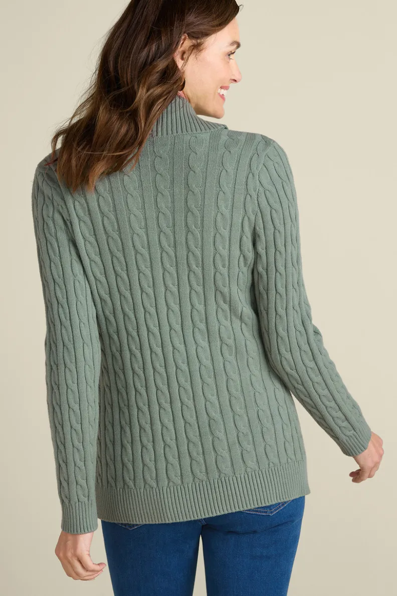 Cárdigán acogedor Ivey de punto cable - Verde agave con detalles artesanales · Abrigo ligero para temporada otoño-invierno · Colección exclusiva Soft Surroundings