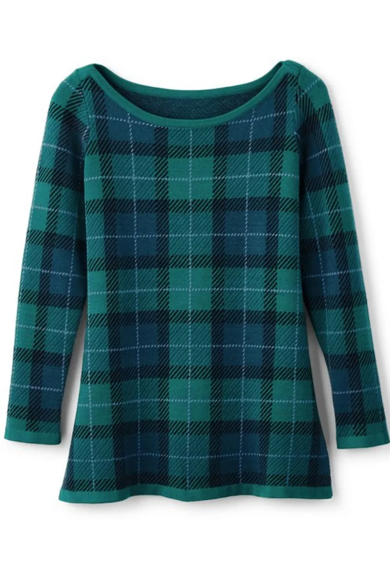 Suéteres y Cardigans | Abrigos de Temporada - Janece: Túnica Tejida en Cuadros Escoceses con Toque Festivo en Verde Esmeralda por Soft Surroundings
