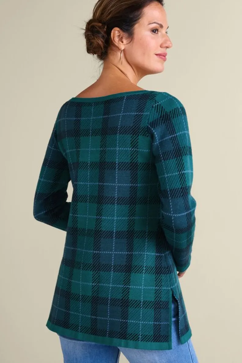Suéteres y Cardigans | Abrigos de Temporada - Janece: Túnica Tejida en Cuadros Escoceses con Toque Festivo en Verde Esmeralda por Soft Surroundings