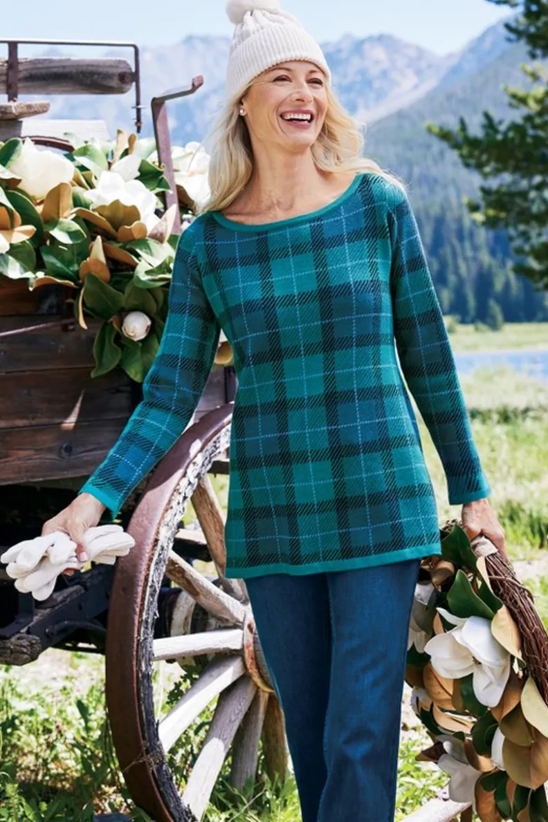 Suéteres y Cardigans | Abrigos de Temporada - Janece: Túnica Tejida en Cuadros Escoceses con Toque Festivo en Verde Esmeralda por Soft Surroundings