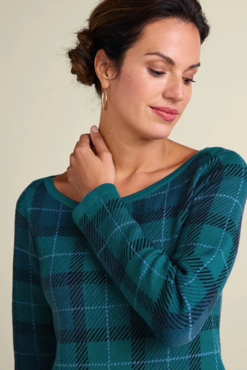 Suéteres y Cardigans | Abrigos de Temporada - Janece: Túnica Tejida en Cuadros Escoceses con Toque Festivo en Verde Esmeralda por Soft Surroundings