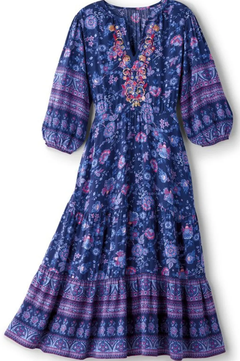 Vestido midi Jordana de Soft Surroundings - Elegancia bohemia con estampado floral en tonos tierra siena, talle medio para looks primaverales