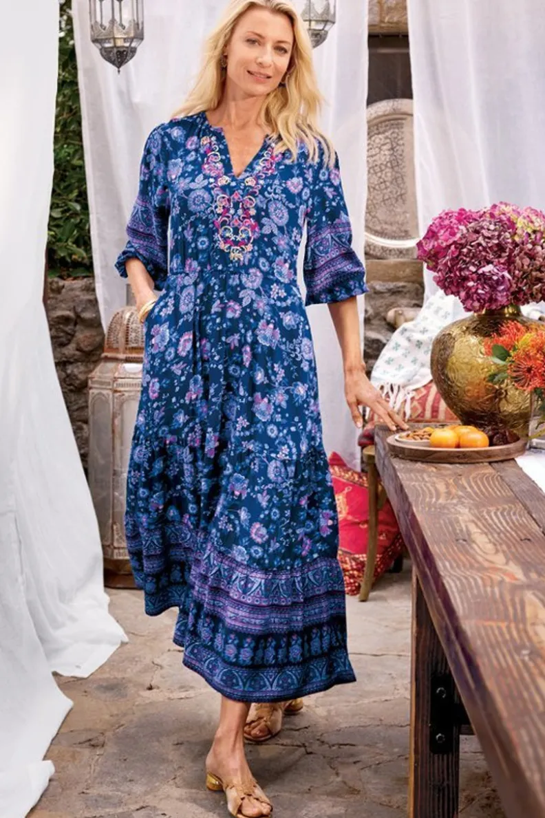 Vestido midi Jordana de Soft Surroundings - Elegancia bohemia con estampado floral en tonos tierra siena, talle medio para looks primaverales