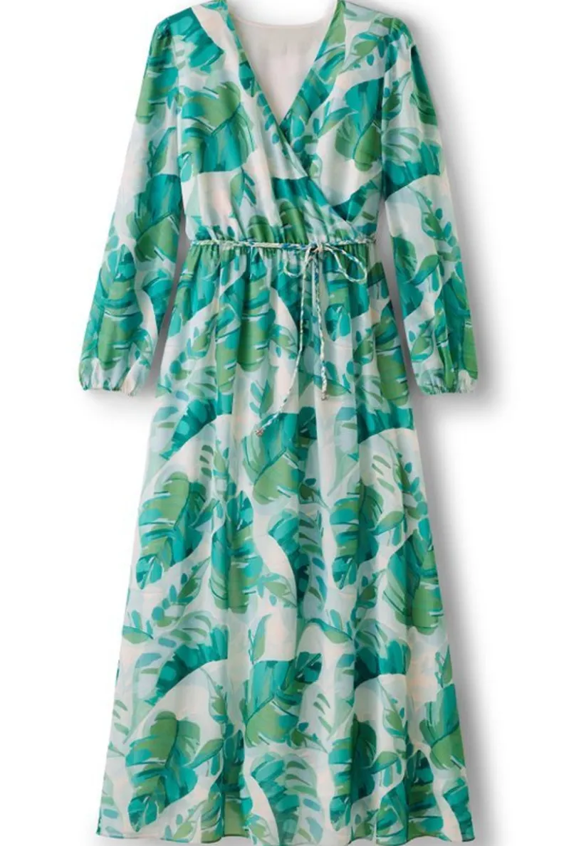 Vestido largo Kaia de Soft Surroundings - Verde esmeralda con estampado tropical de palmeras