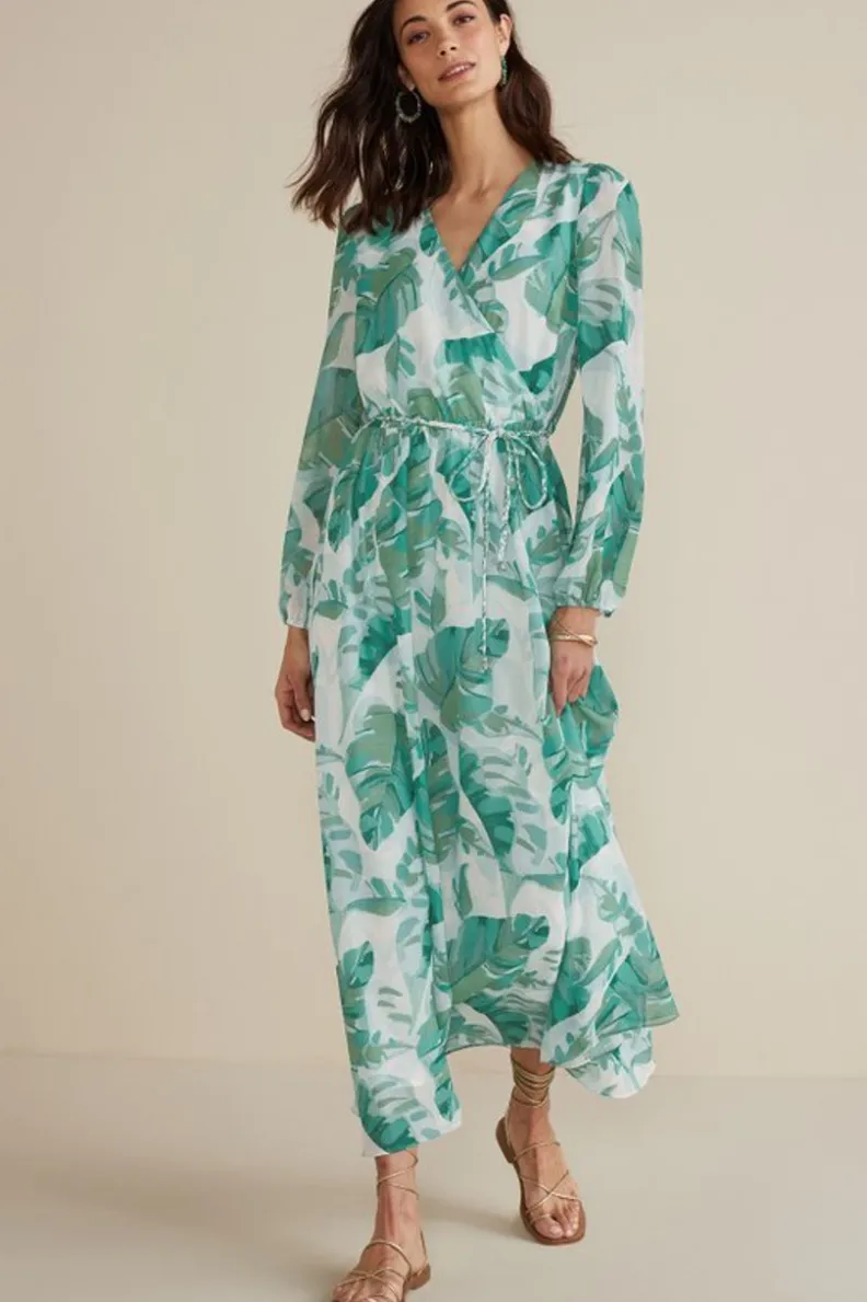 Vestido largo Kaia de Soft Surroundings - Verde esmeralda con estampado tropical de palmeras