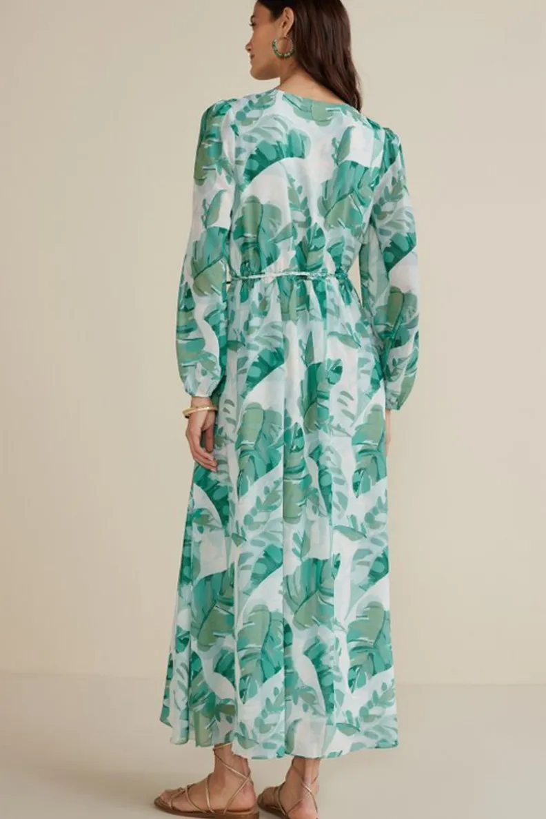 Vestido largo Kaia de Soft Surroundings - Verde esmeralda con estampado tropical de palmeras