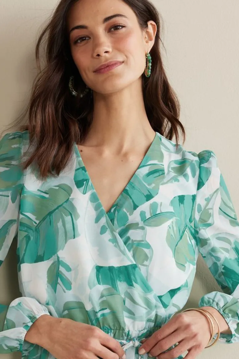Vestido largo Kaia de Soft Surroundings - Verde esmeralda con estampado tropical de palmeras
