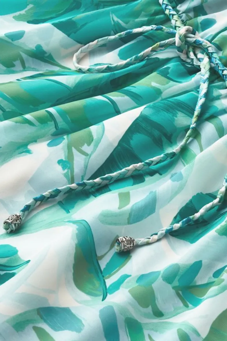 Vestido largo Kaia de Soft Surroundings - Verde esmeralda con estampado tropical de palmeras