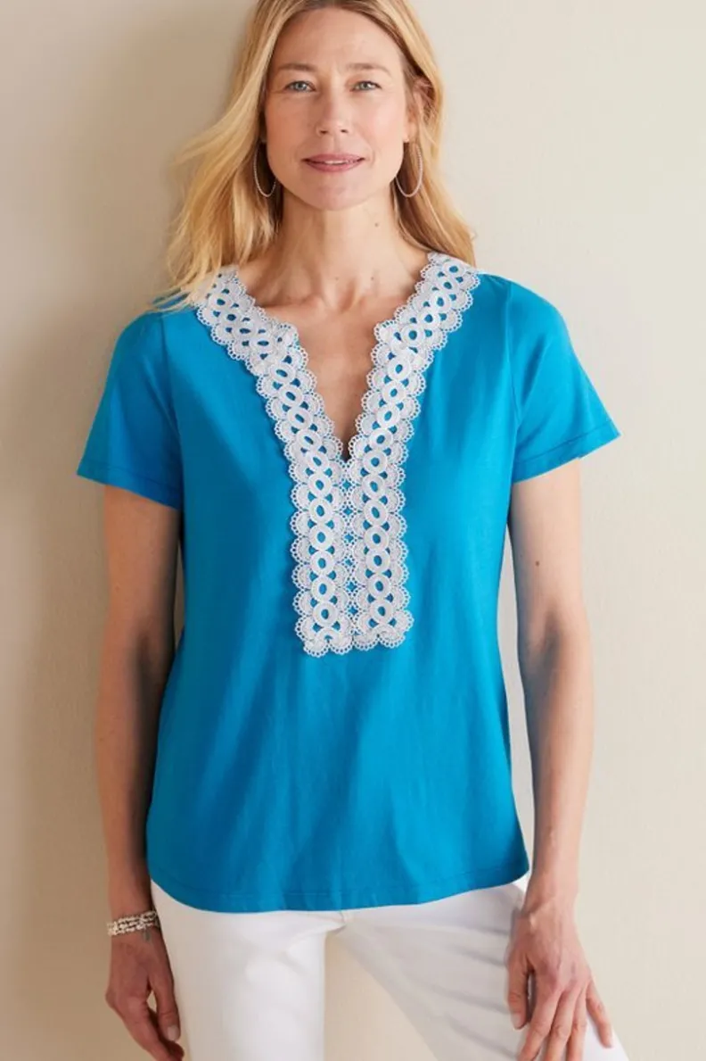 Soft Surroundings - Camiseta Kaitlyn en Punto Decorativo, Tono Azul Nórdico, Estilo Casual y Sofisticado