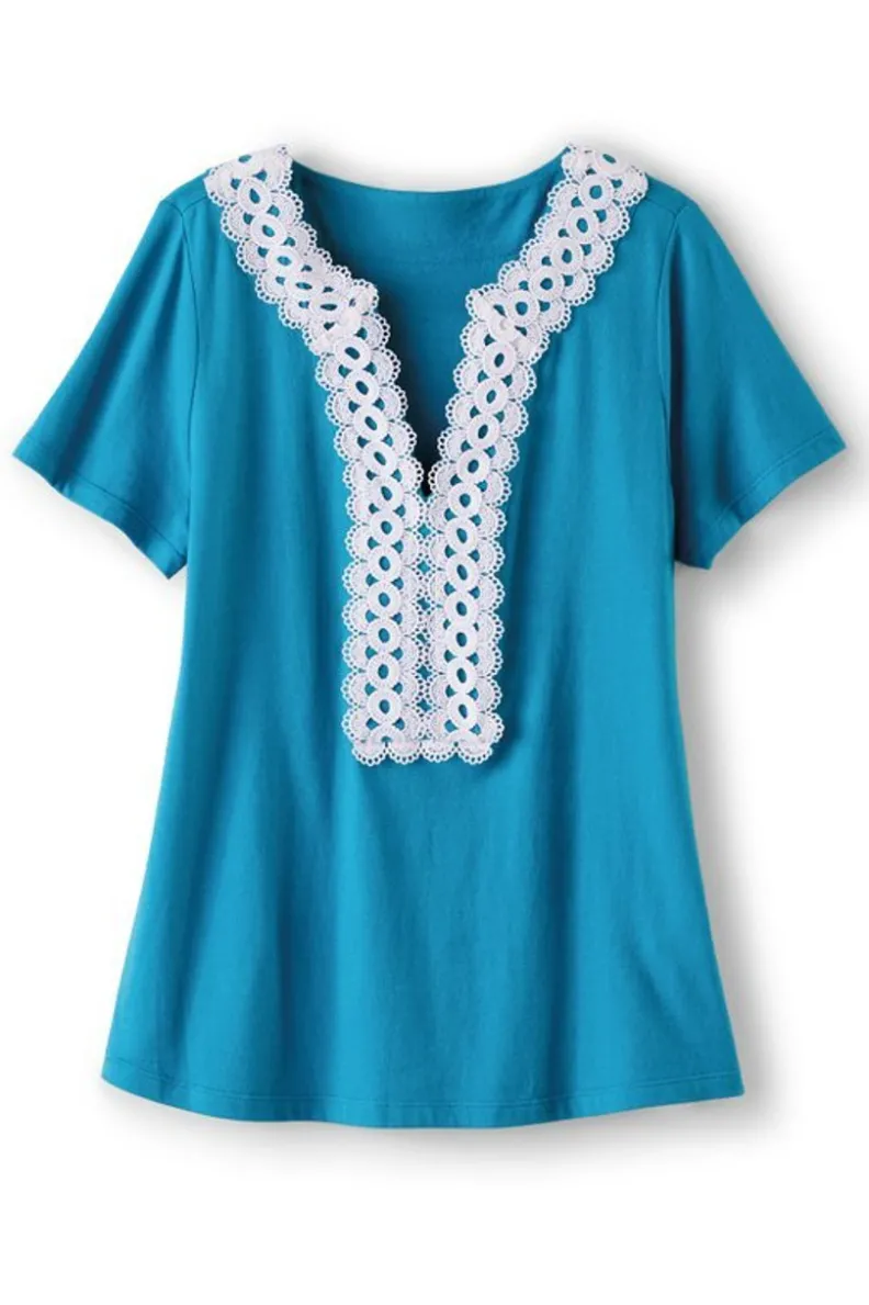 Soft Surroundings - Camiseta Kaitlyn en Punto Decorativo, Tono Azul Nórdico, Estilo Casual y Sofisticado