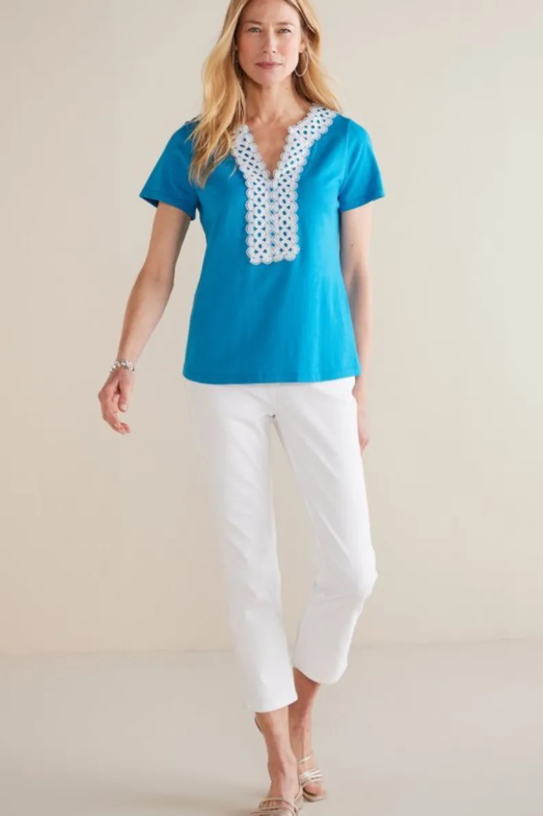 Soft Surroundings - Camiseta Kaitlyn en Punto Decorativo, Tono Azul Nórdico, Estilo Casual y Sofisticado