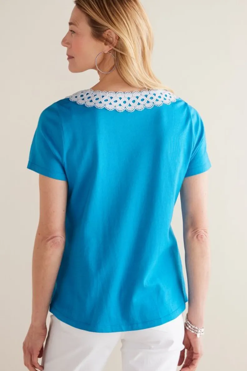 Soft Surroundings - Camiseta Kaitlyn en Punto Decorativo, Tono Azul Nórdico, Estilo Casual y Sofisticado